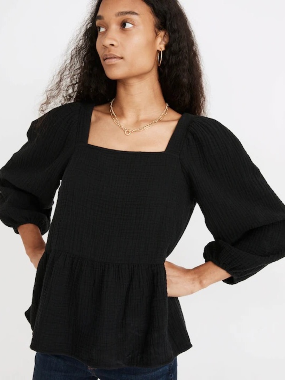 Madewell Black Square-Neck Peplum Blouse with Balloon Sleeves